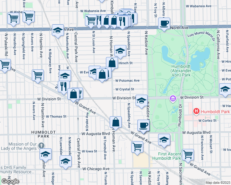 map of restaurants, bars, coffee shops, grocery stores, and more near 3342 West Crystal Street in Chicago