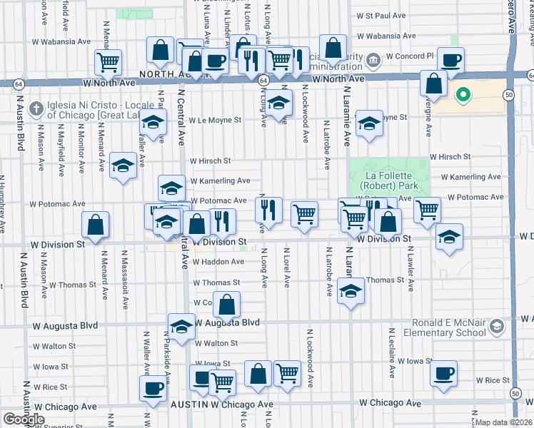 map of restaurants, bars, coffee shops, grocery stores, and more near 1301 North Long Avenue in Chicago