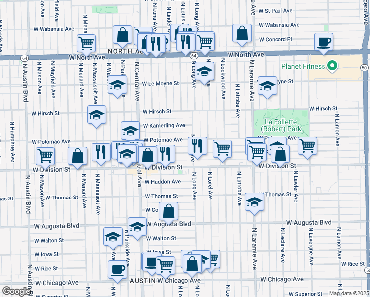map of restaurants, bars, coffee shops, grocery stores, and more near 5424 West Potomac Avenue in Chicago