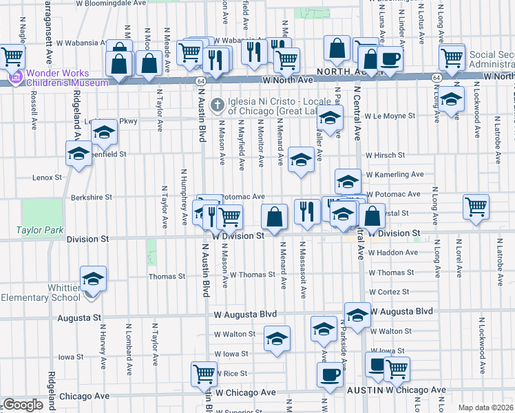 map of restaurants, bars, coffee shops, grocery stores, and more near 1301 North Mayfield Avenue in Chicago