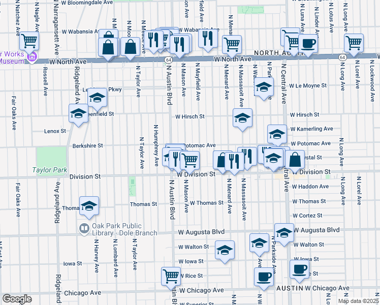 map of restaurants, bars, coffee shops, grocery stores, and more near 1305 North Mason Avenue in Chicago