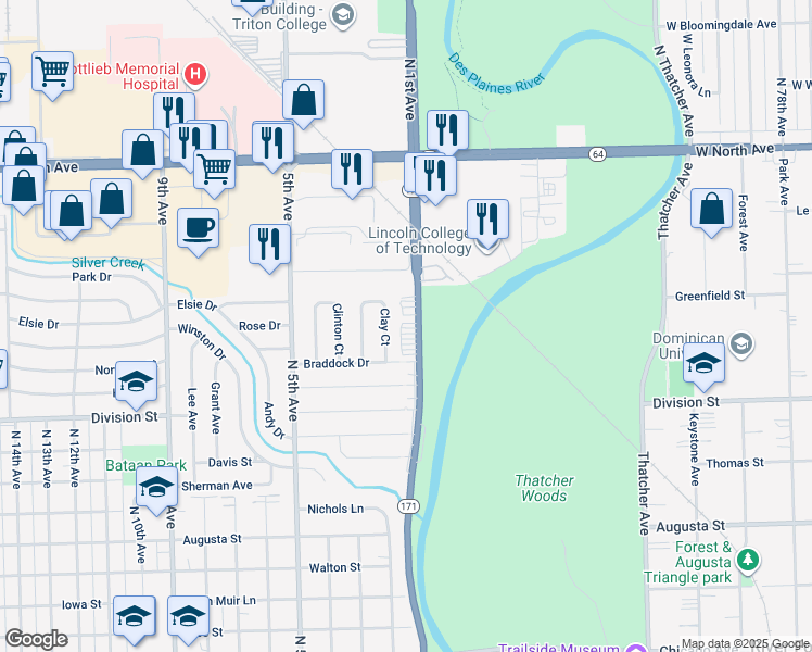 map of restaurants, bars, coffee shops, grocery stores, and more near 1690 North 1st Avenue in Melrose Park