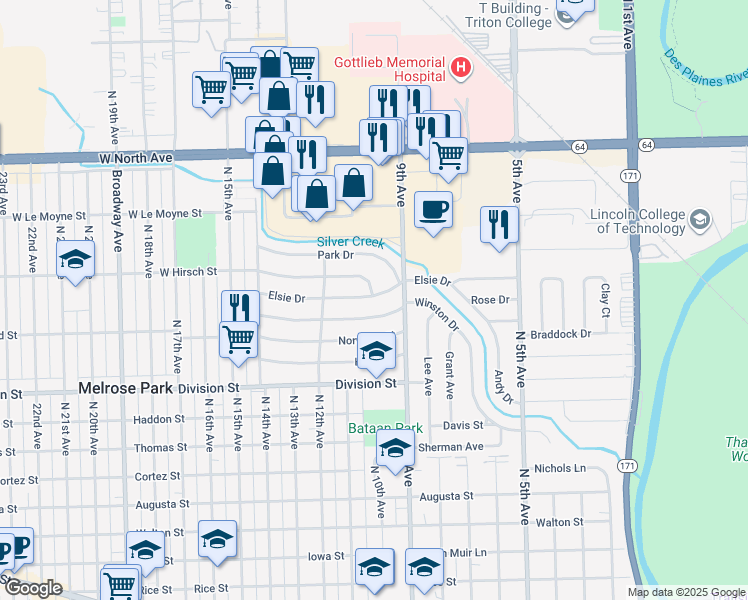 map of restaurants, bars, coffee shops, grocery stores, and more near 907 West Hirsch Street in Melrose Park