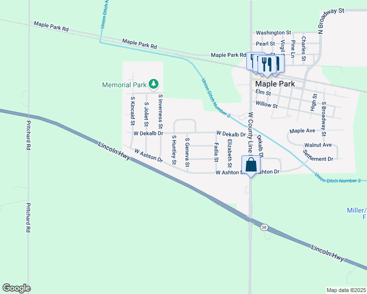 map of restaurants, bars, coffee shops, grocery stores, and more near 408 South Huntley Street in Maple Park