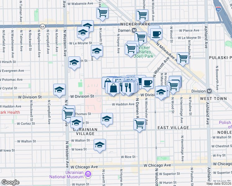 map of restaurants, bars, coffee shops, grocery stores, and more near 2110 West Division Street in Chicago