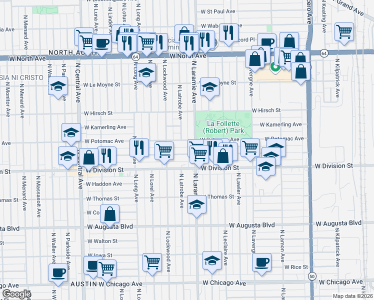map of restaurants, bars, coffee shops, grocery stores, and more near 5214 West Crystal Street in Chicago