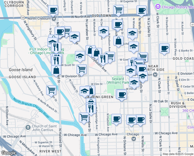 map of restaurants, bars, coffee shops, grocery stores, and more near 510 West Division Street in Chicago