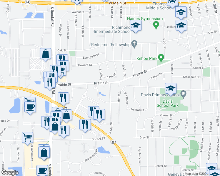 map of restaurants, bars, coffee shops, grocery stores, and more near 1326 South 14th Street in Saint Charles