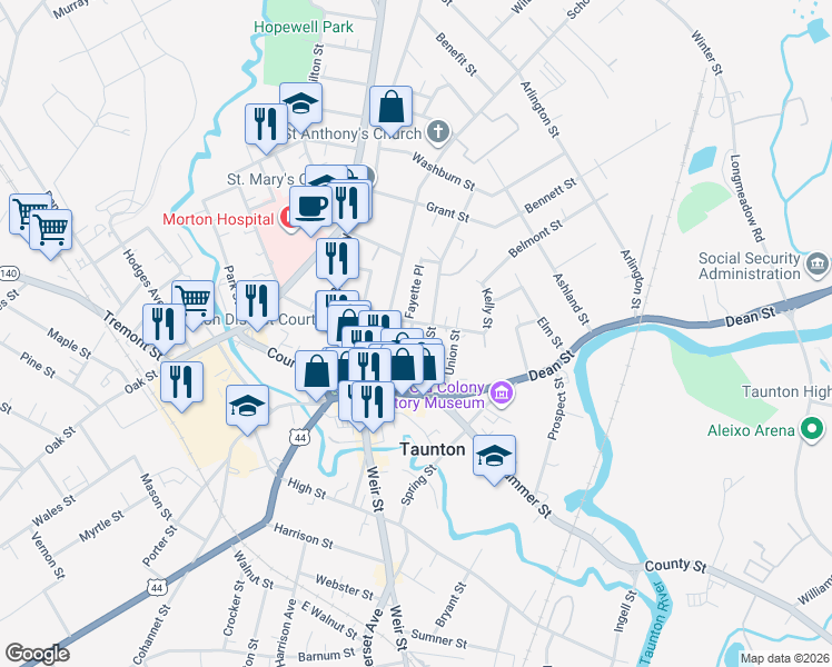 map of restaurants, bars, coffee shops, grocery stores, and more near 2 Fayette Place in Taunton