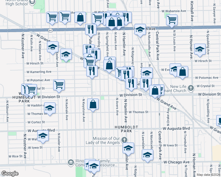 map of restaurants, bars, coffee shops, grocery stores, and more near 1240 North Avers Avenue in Chicago