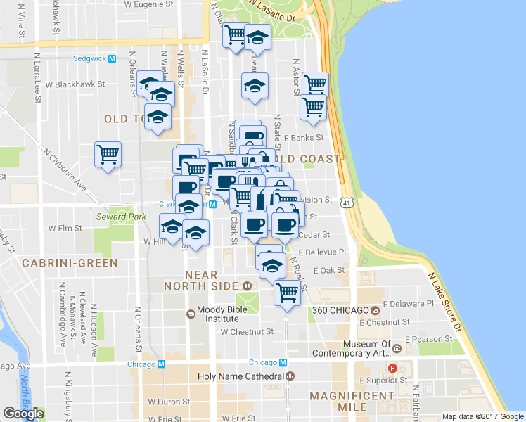 map of restaurants, bars, coffee shops, grocery stores, and more near 21 West Division Street in Chicago