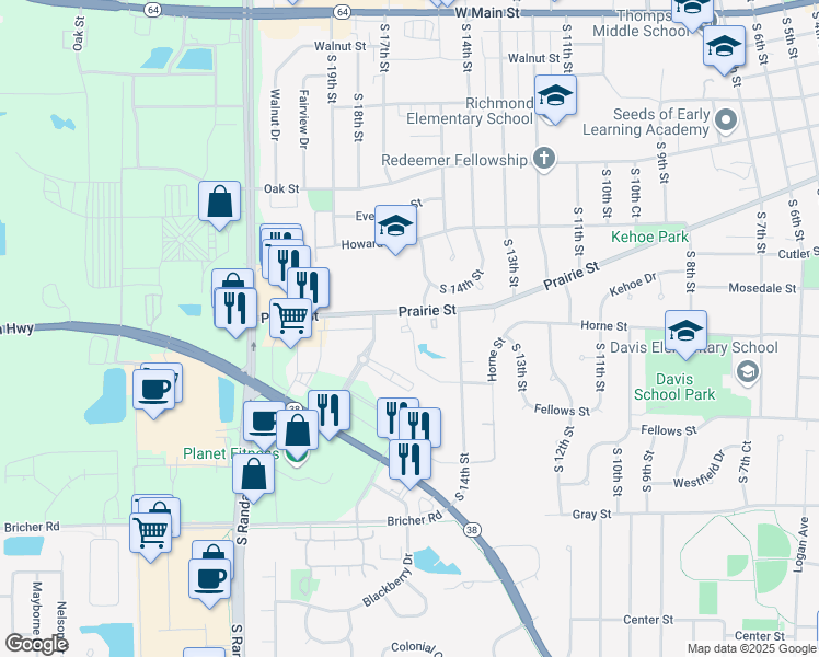 map of restaurants, bars, coffee shops, grocery stores, and more near 1801 Covington Court in St. Charles