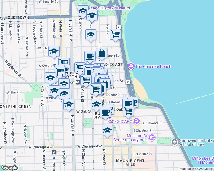 map of restaurants, bars, coffee shops, grocery stores, and more near 22 East Elm Street in Chicago