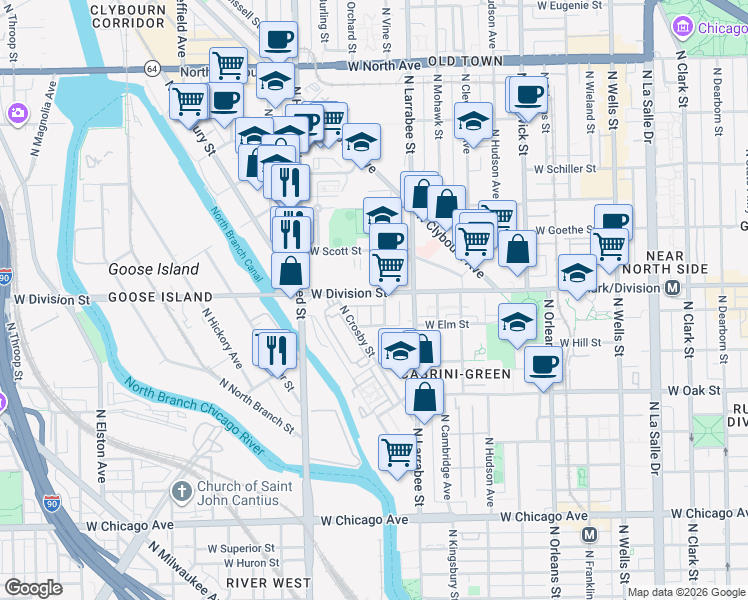 map of restaurants, bars, coffee shops, grocery stores, and more near 641 West Division Street in Chicago