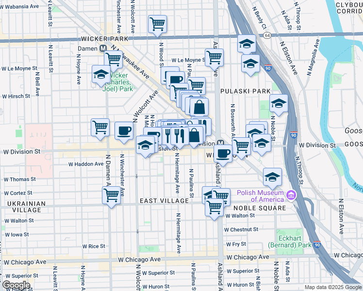 map of restaurants, bars, coffee shops, grocery stores, and more near 1224 North Paulina Street in Chicago