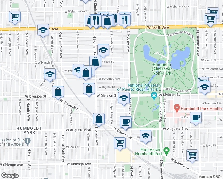 map of restaurants, bars, coffee shops, grocery stores, and more near 3301 West Crystal Street in Chicago