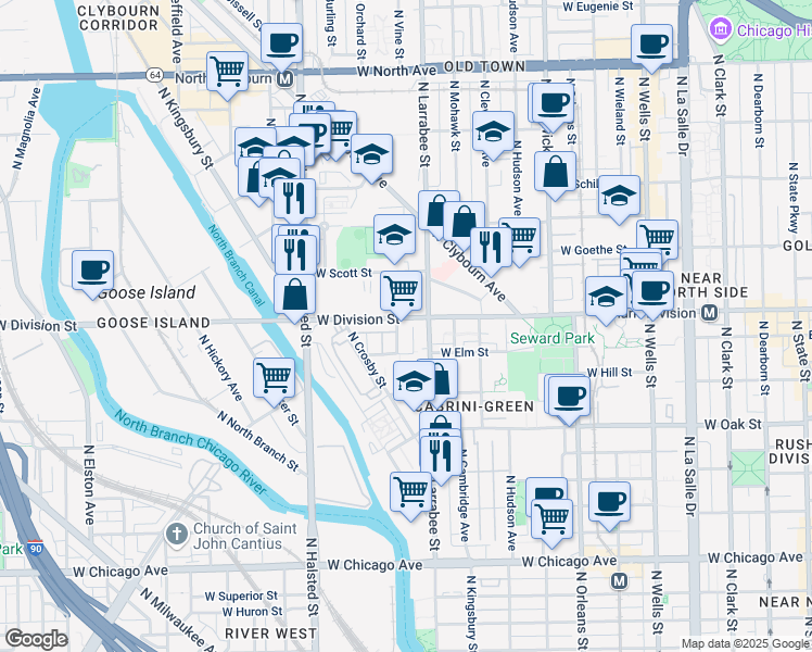 map of restaurants, bars, coffee shops, grocery stores, and more near 623 West Division Street in Chicago