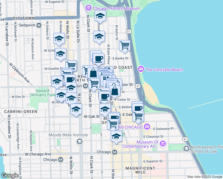 map of restaurants, bars, coffee shops, grocery stores, and more near 1201 North State Parkway in Chicago