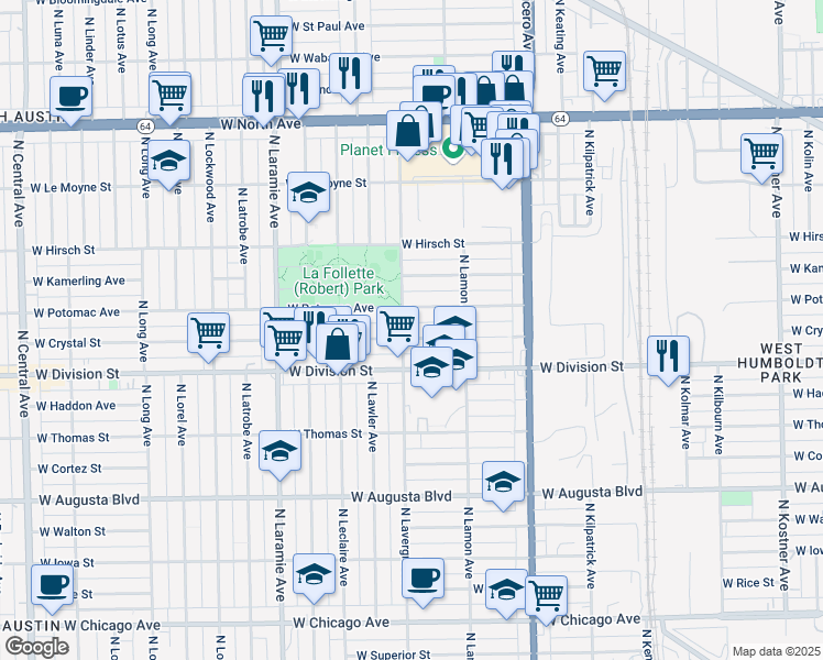 map of restaurants, bars, coffee shops, grocery stores, and more near 4939 West Potomac Avenue in Chicago