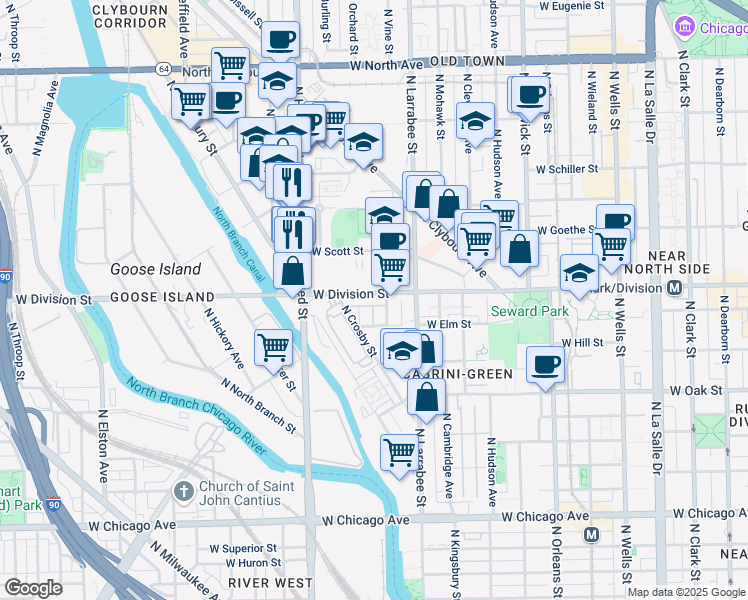 map of restaurants, bars, coffee shops, grocery stores, and more near 1200 North Larrabee Street in Chicago