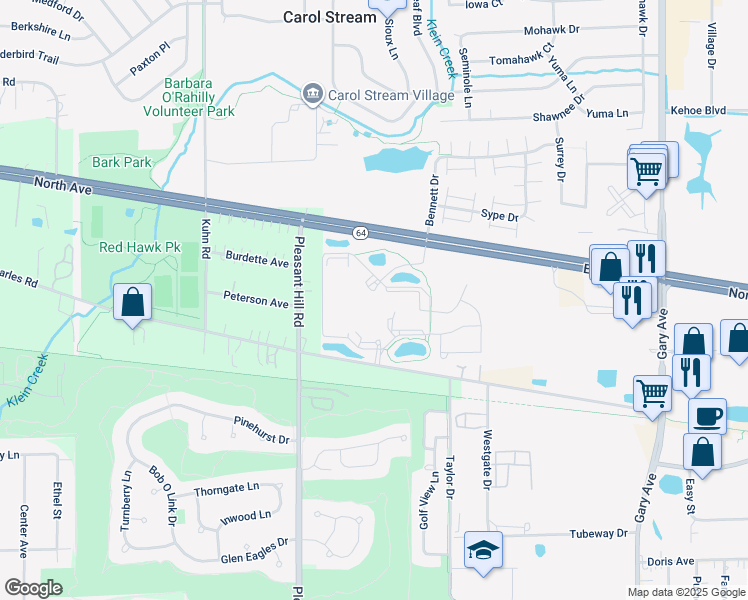 map of restaurants, bars, coffee shops, grocery stores, and more near 124 Windsor Park Drive in Carol Stream