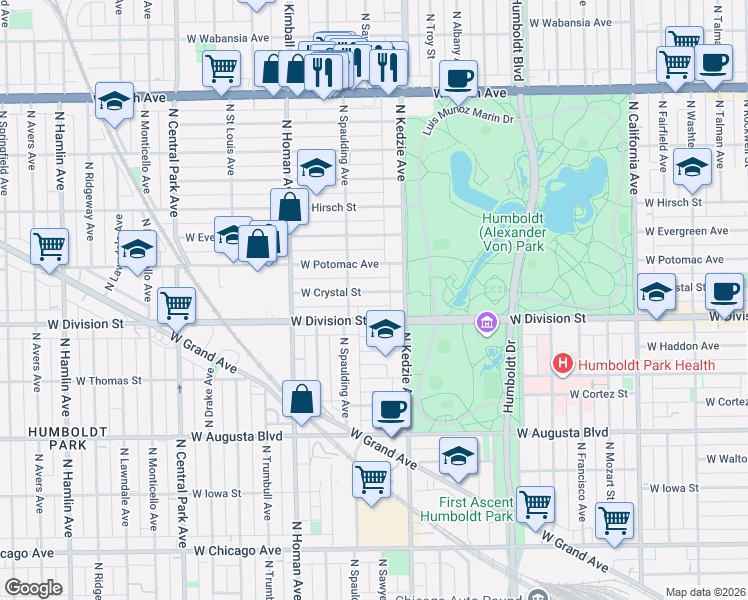 map of restaurants, bars, coffee shops, grocery stores, and more near 3233 West Crystal Street in Chicago