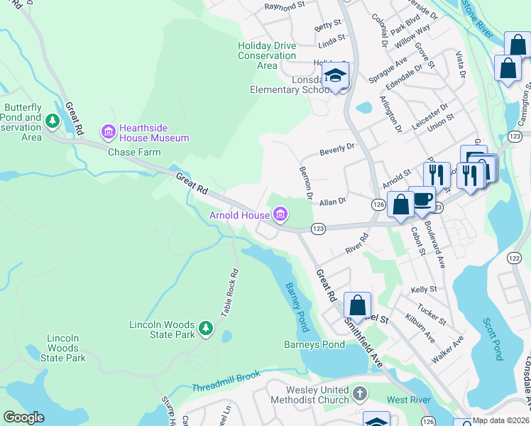 map of restaurants, bars, coffee shops, grocery stores, and more near 6 Denson Road in Lincoln