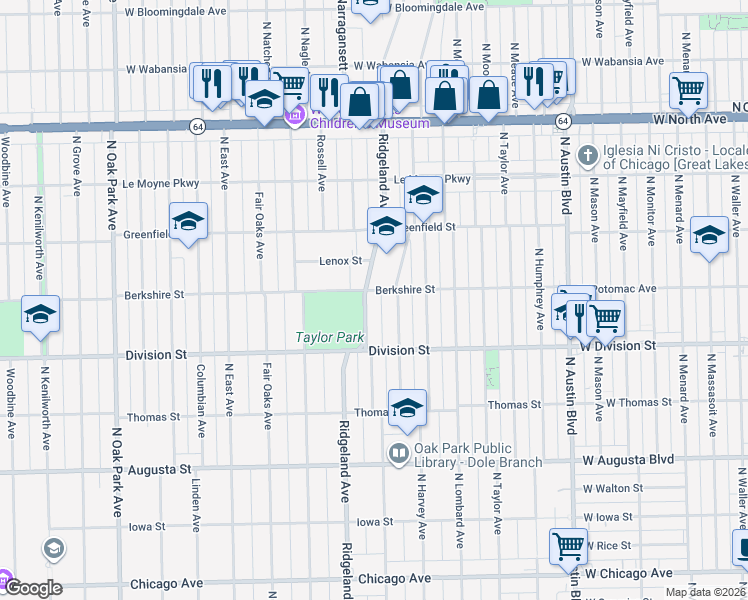 map of restaurants, bars, coffee shops, grocery stores, and more near 408 Berkshire Street in Oak Park