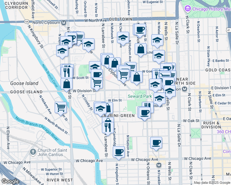 map of restaurants, bars, coffee shops, grocery stores, and more near 510 West Division Street in Chicago