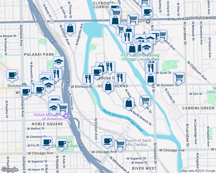map of restaurants, bars, coffee shops, grocery stores, and more near 1071 West Division Street in Chicago