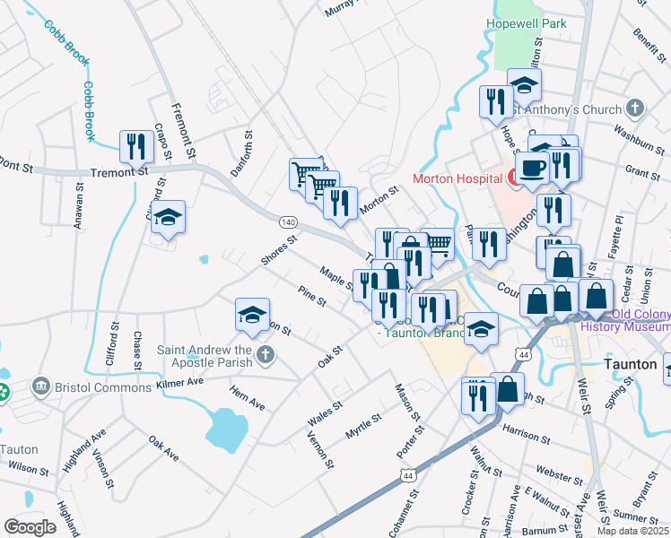 map of restaurants, bars, coffee shops, grocery stores, and more near 19 Maple Street in Taunton