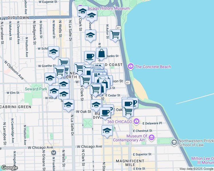 map of restaurants, bars, coffee shops, grocery stores, and more near 102 East Division Street in Chicago