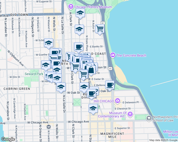 map of restaurants, bars, coffee shops, grocery stores, and more near 1201 North State Parkway in Chicago
