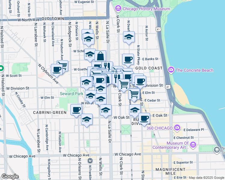 map of restaurants, bars, coffee shops, grocery stores, and more near in Chicago