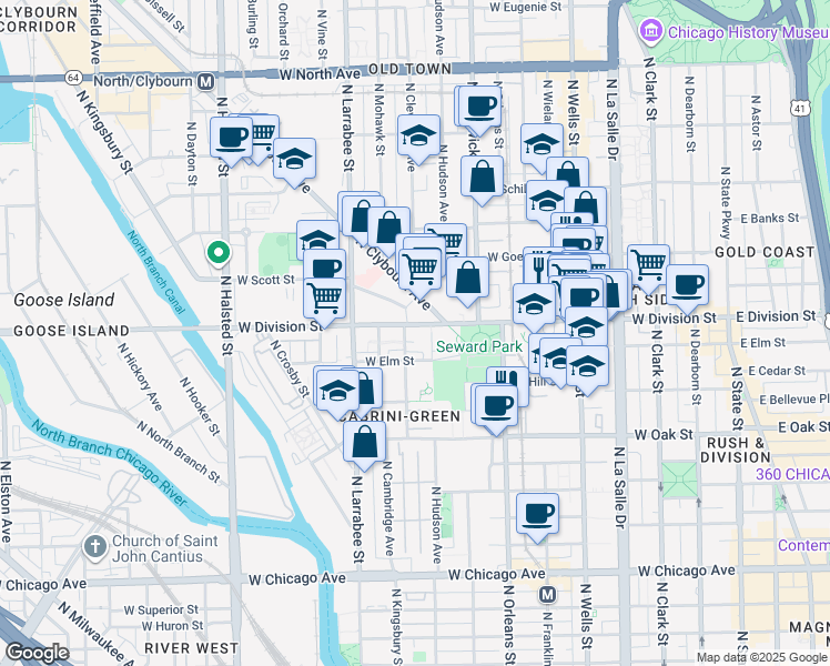 map of restaurants, bars, coffee shops, grocery stores, and more near 428 West Division Street in Chicago
