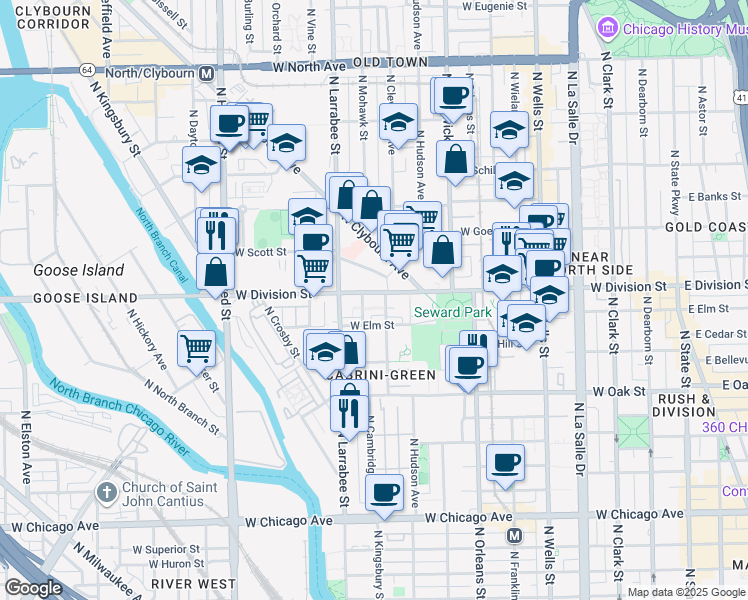 map of restaurants, bars, coffee shops, grocery stores, and more near 510 West Division Street in Chicago