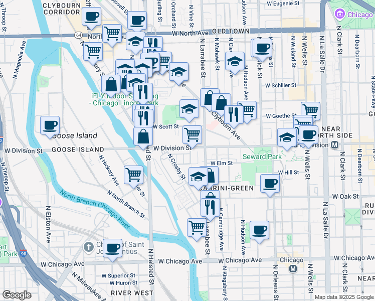 map of restaurants, bars, coffee shops, grocery stores, and more near 1200 North Larrabee Street in Chicago