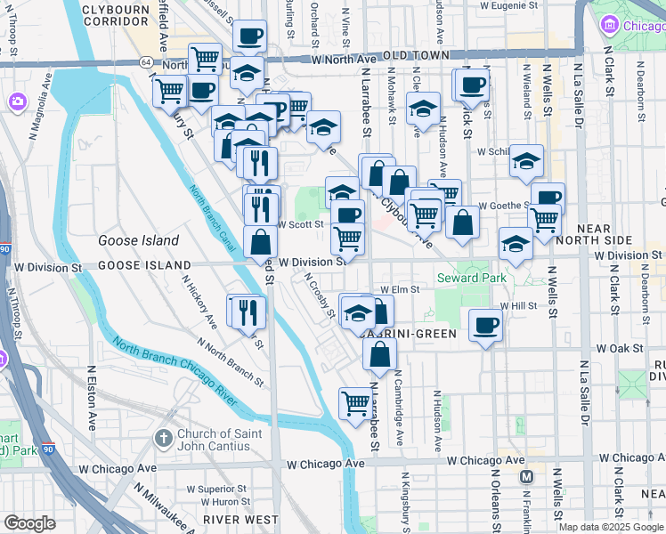 map of restaurants, bars, coffee shops, grocery stores, and more near 1200 North Larrabee Street in Chicago