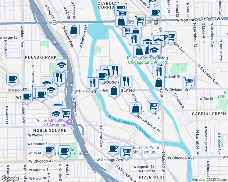 map of restaurants, bars, coffee shops, grocery stores, and more near 1454 North Cherry Avenue in Chicago