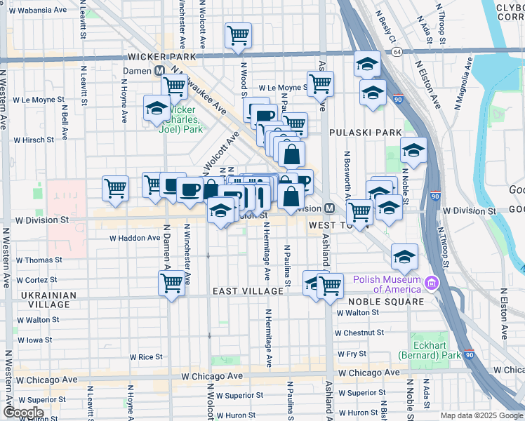 map of restaurants, bars, coffee shops, grocery stores, and more near 1753 West Crystal Street in Chicago