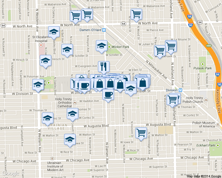 map of restaurants, bars, coffee shops, grocery stores, and more near 1943 West Crystal Street in Chicago