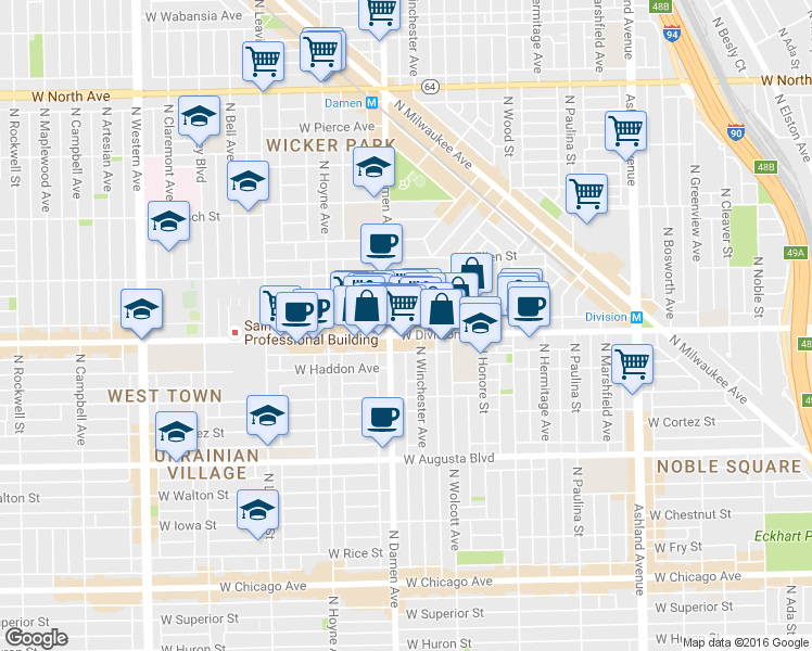map of restaurants, bars, coffee shops, grocery stores, and more near 1943 West Crystal Street in Chicago