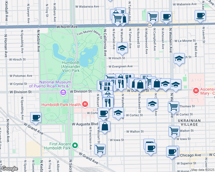 map of restaurants, bars, coffee shops, grocery stores, and more near 1257 North California Avenue in Chicago