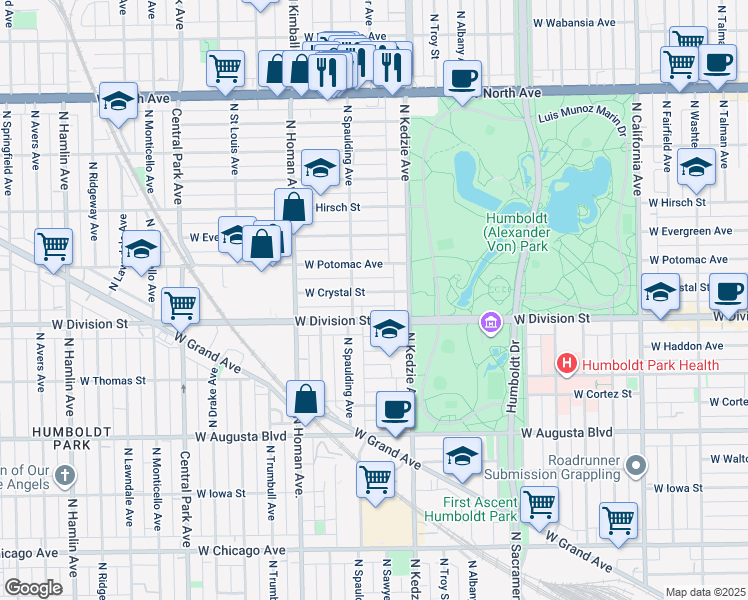map of restaurants, bars, coffee shops, grocery stores, and more near 3228 West Crystal Street in Chicago