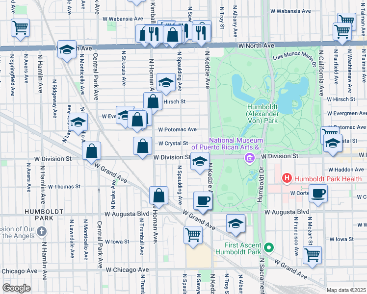 map of restaurants, bars, coffee shops, grocery stores, and more near 3300 West Crystal Street in Chicago