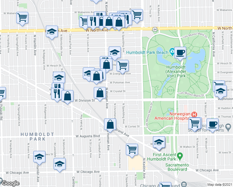 map of restaurants, bars, coffee shops, grocery stores, and more near 3342 West Crystal Street in Chicago