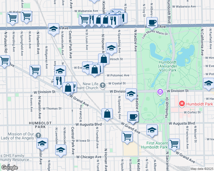 map of restaurants, bars, coffee shops, grocery stores, and more near 3342 West Crystal Street in Chicago