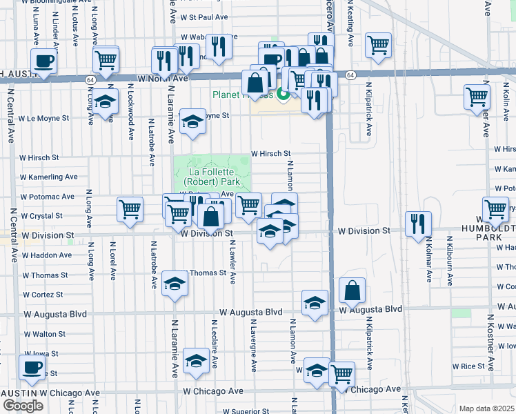 map of restaurants, bars, coffee shops, grocery stores, and more near 4939 West Potomac Avenue in Chicago