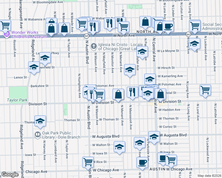 map of restaurants, bars, coffee shops, grocery stores, and more near 1301 North Mayfield Avenue in Chicago