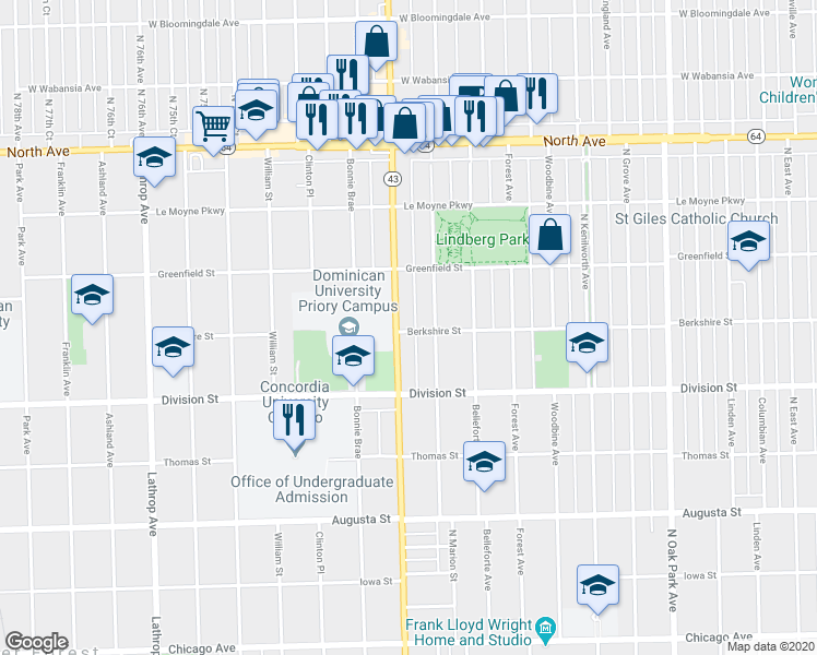 map of restaurants, bars, coffee shops, grocery stores, and more near 1311 North Harlem Avenue in Oak Park